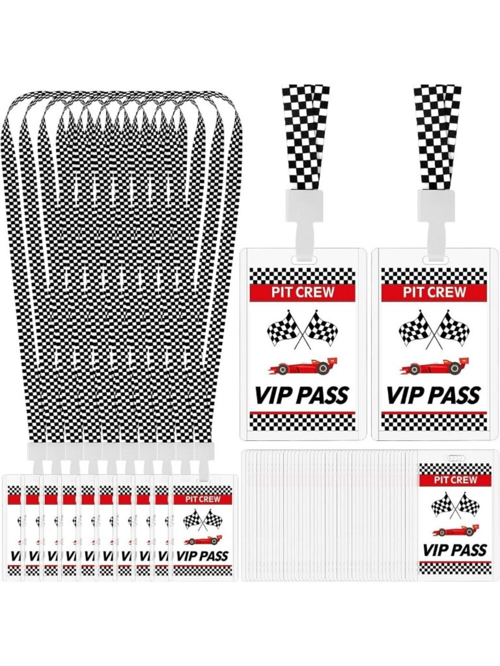 50 Racing VIP Pass Cards with Checkered Lanyards - Perfect for Race Car Party